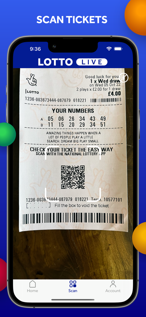 National Lottery Live Scanner - Interface of the National Lottery Live Scanner app showing the ticket scanning feature on a smartphone