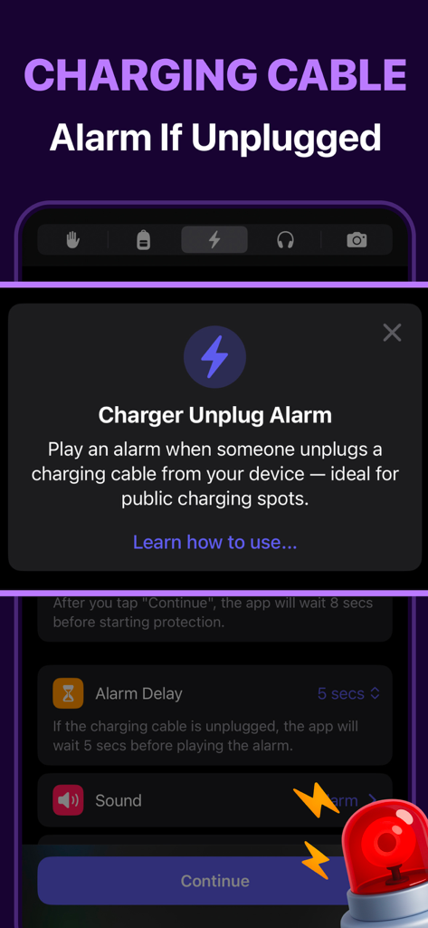 Crook Catcher Anti Theft Alarm - Interface of the charger unplug alarm feature in the Crook Catcher anti theft mobile app