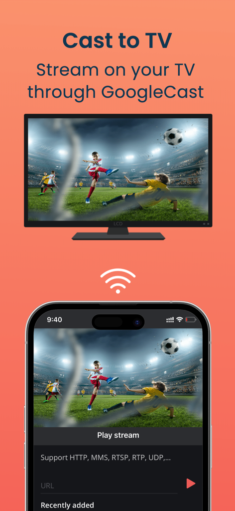 Smartphone che trasmette una partita di calcio in diretta su una televisione tramite GoogleCast utilizzando IPTV Player Pro