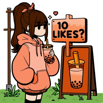 girl with oversized hoodie drinking boba and she has a high ponytail with a sign that says 10likes?