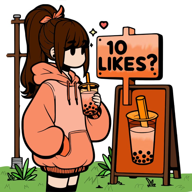 girl with oversized hoodie drinking boba and she has a high ponytail with a sign that says 10likes?