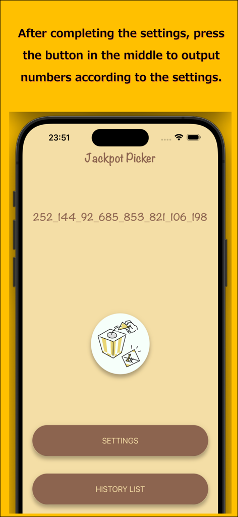 Jackpot Picker - Interfaz de la aplicación Jackpot Picker que muestra una secuencia de ocho números aleatorios y un botón de sorteo