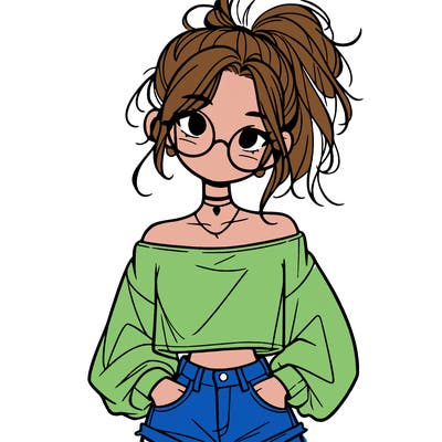 girl with a messy ponytail glasses a baggy crop top and jean shorts