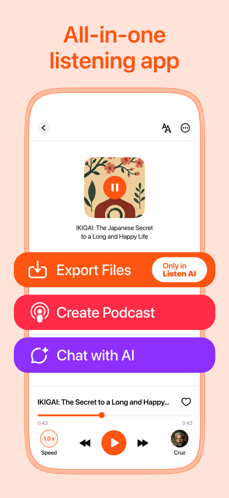 Listen AI: Text to Speech - Listen AIアプリのインターフェースに、ファイルエクスポート、ポッドキャスト作成、AIチャットなどのオールインワンリスニング機能が表示されます