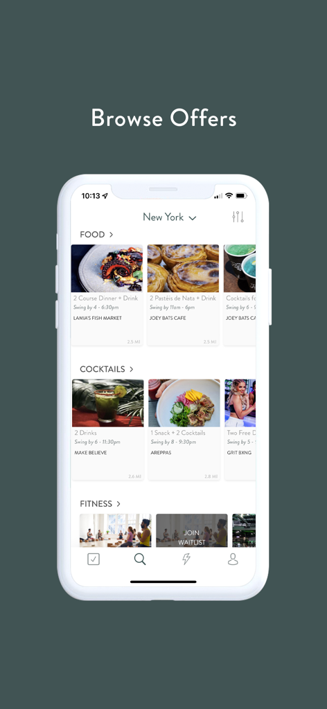 Screenshot of Neon Coat app showing a curated list of food, cocktail, and fitness offers for models and creators in New York.