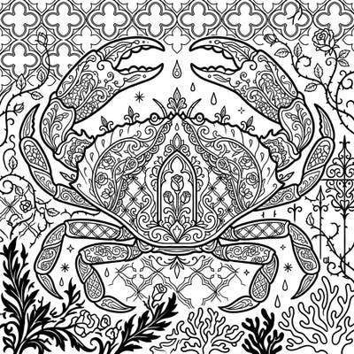 Explore the mysterious beauty of the ocean with this unique Gothic Dungeness Crab coloring page. Its intricate design, blending marine life with dark Victorian elegance, offers a captivating artistic challenge.
