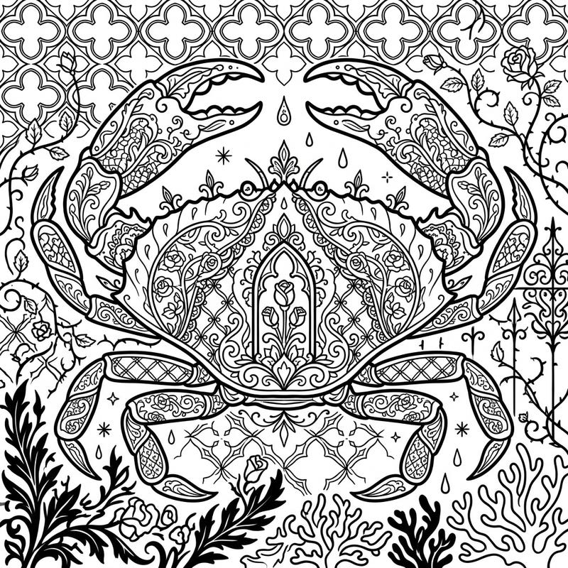Explore the mysterious beauty of the ocean with this unique Gothic Dungeness Crab coloring page. Its intricate design, blending marine life with dark Victorian elegance, offers a captivating artistic challenge.