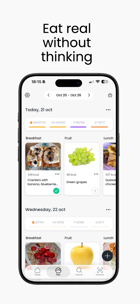 MyRealFood: Diet and recipes - MyRealFood app screen showing a daily meal schedule with healthy food photos and nutrition data
