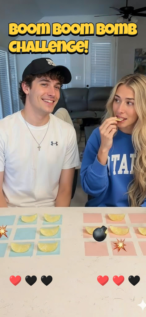 A young couple playing the Bomb Chip Boom Boom Challenge game with snacks and hidden bombs