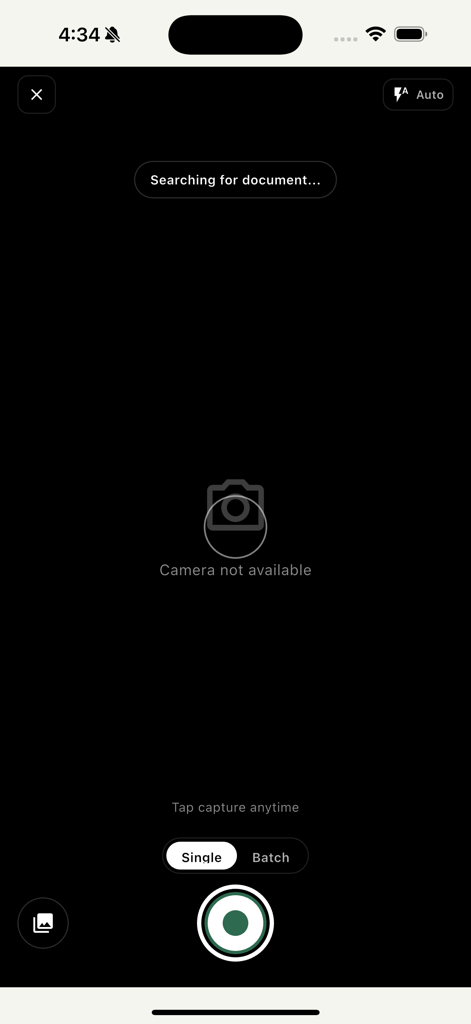 Smart Scan – PDF Scanner App - Interfaccia fotocamera dell'app scanner PDF Smart Scan che mostra le opzioni di acquisizione documenti