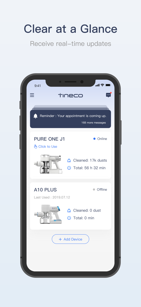 Tineco Life - Tineco Life mobile app dashboard displaying cleaning reports and smart vacuum status