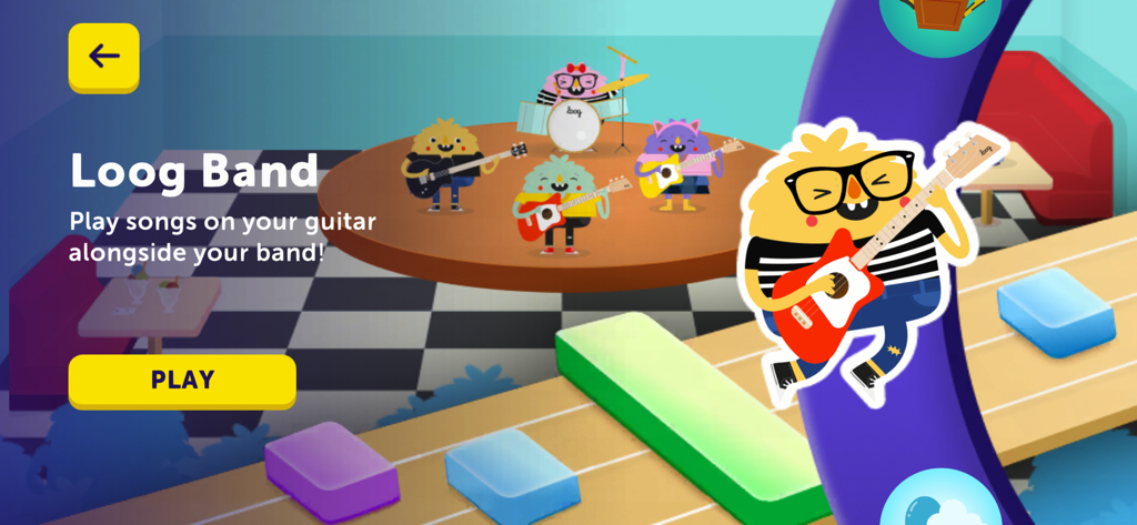 The Loog Band game interface featuring colorful cartoon monsters playing instruments and a play button.
