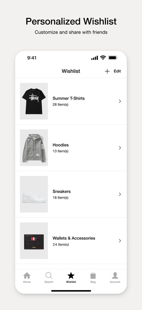 HBX | Globally Curated Fashion - L'application mobile HBX propose un écran de liste de souhaits personnalisé avec des catégories pour les t-shirts, les sweats à capuche et les baskets.