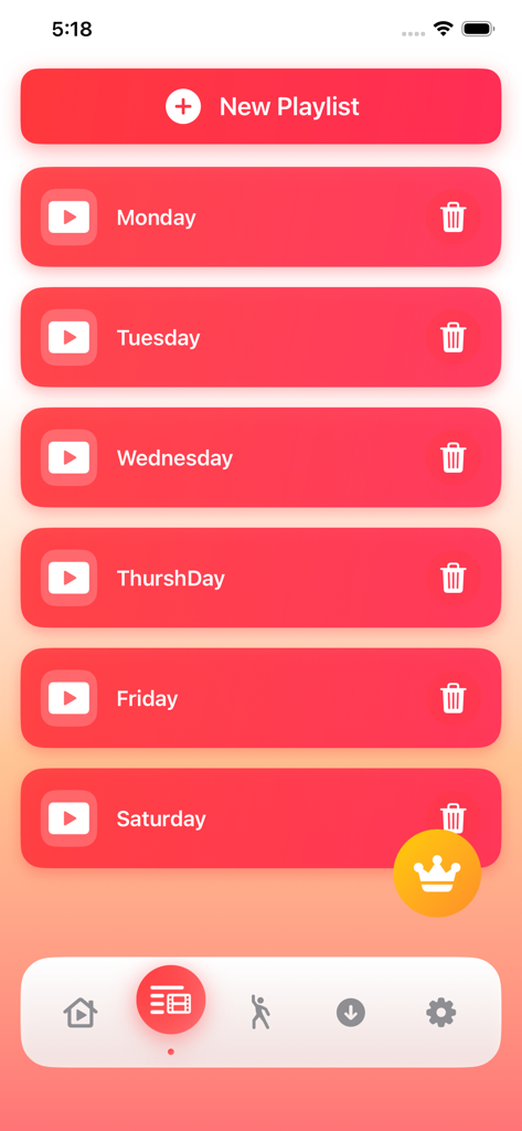 Immersive Interactive Workout - Interface of a fitness app displaying a list of workout playlists organized by days of the week