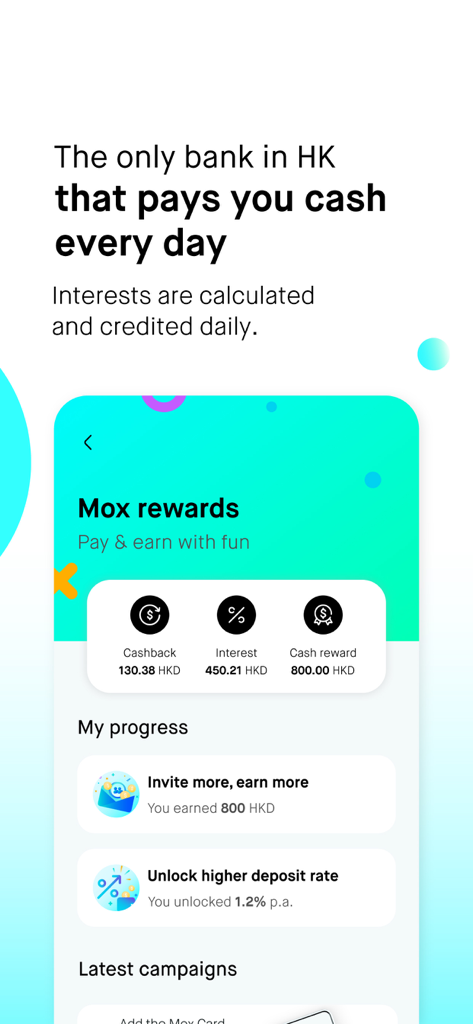Mox Bank mobile App Benutzeroberfläche mit Belohnungsübersicht, täglichen Zinsen und Cashback-Verfolgung
