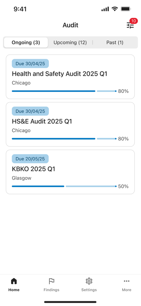 Enablon Audit - Painel do aplicativo Auditoria Enablon mostrando auditorias contínuas de saúde e segurança com progresso de conclusão e datas de vencimento