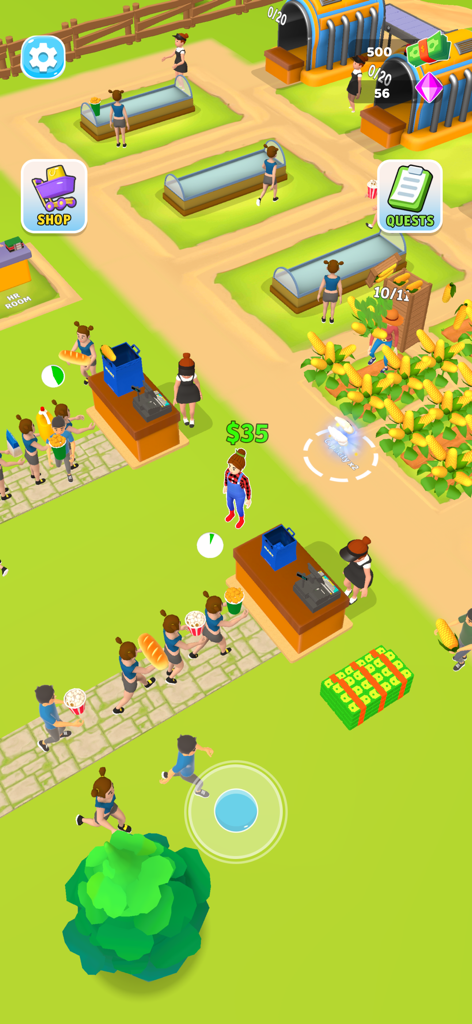 A top down view of workers harvesting corn and selling processed food in an idle farming game
