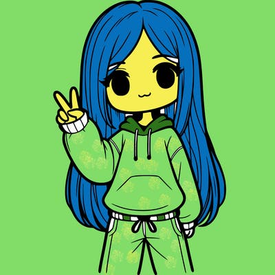 girl with straight down hair wearing a sweater and sweatpants doing the peace sign