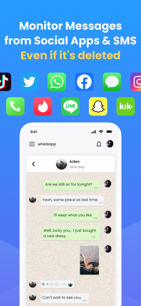 SpyX: Phone Monitoring App - SpyX app interface showing monitored WhatsApp messages and social media icons