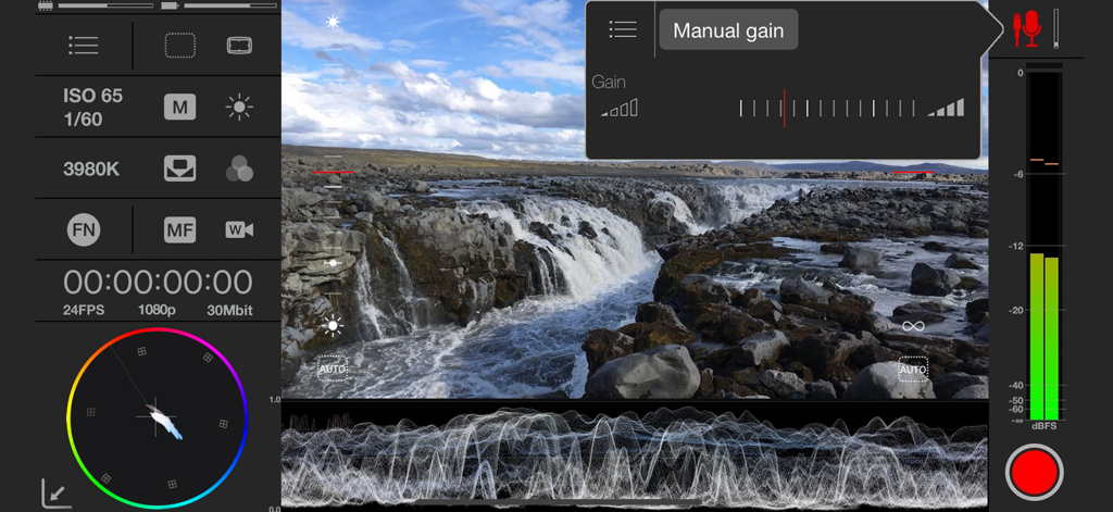 Mavis - Camera Classic - Manual video recording interface of Mavis Camera Classic with waveform and vectorscope monitoring