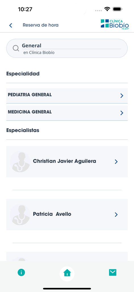 Clínica Biobío - Screen of the Clinica Biobio mobile app displaying options to book medical appointments and search for specialists