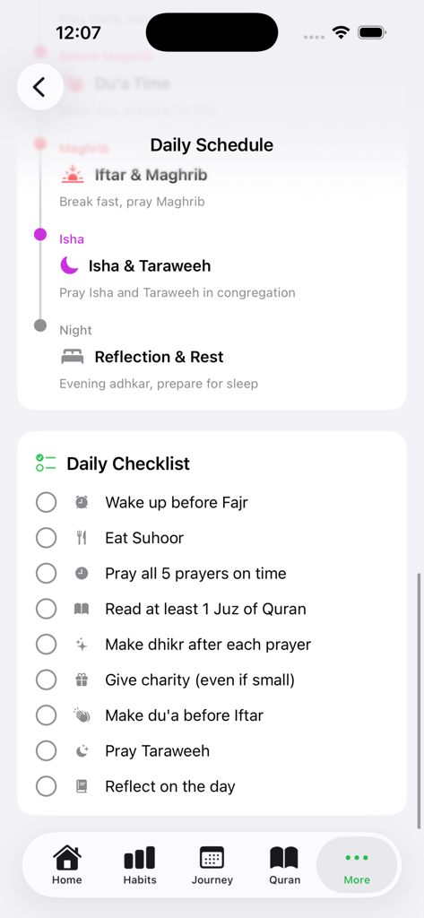 Ramadan Planner: Track & Pray - Interface of the Ramadan Planner app displaying a daily schedule for Iftar and Isha alongside a checklist of spiritual habits like Suhoor and Quran reading.