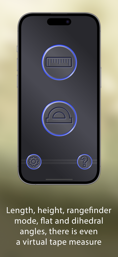 Flying Ruler: 3D Tape Measure - Interfaz de la aplicación Flying Ruler mostrando iconos para herramientas de medición y ángulos