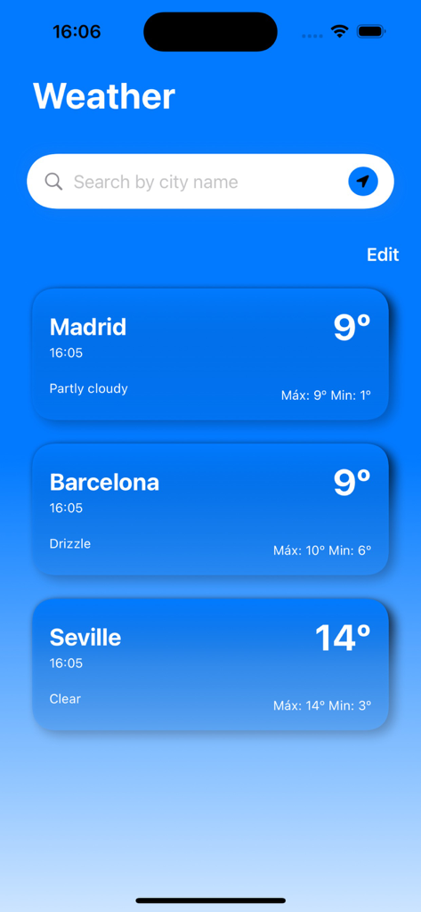 MultipleCity Weather - Main screen of the MultipleCity Weather app displaying a list of cities with current weather and temperatures