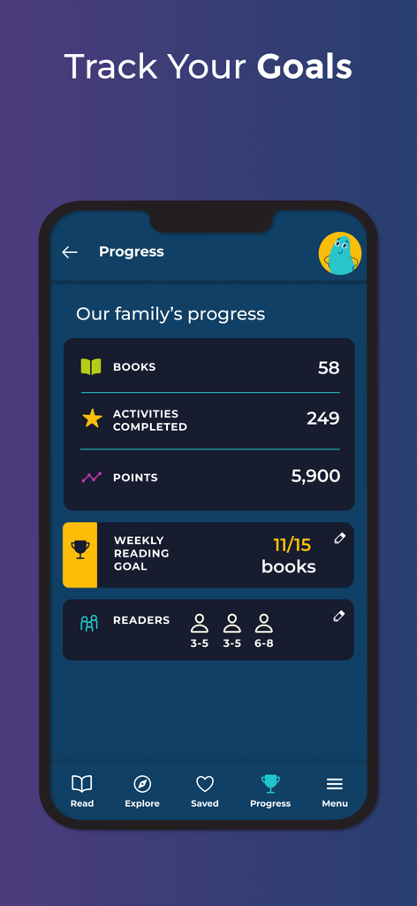 Mobile screen showing family reading progress and goals in the BookSmart app