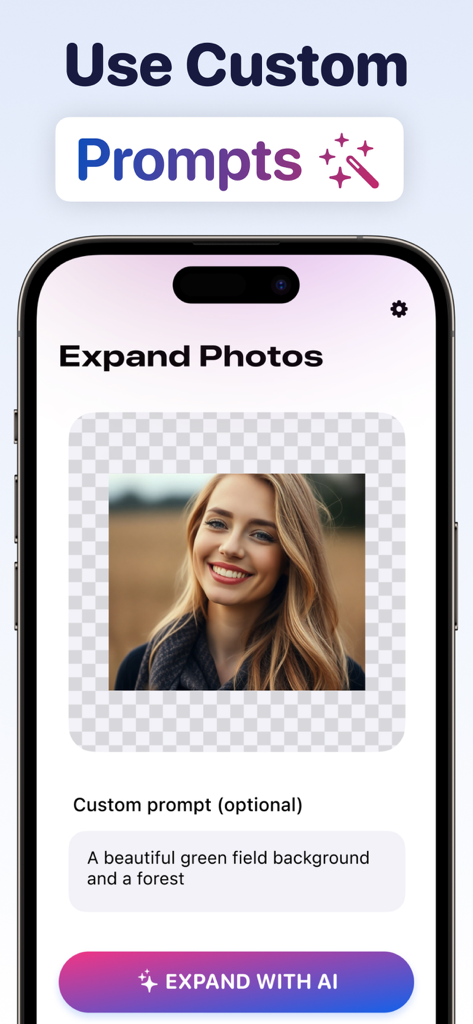 背景拡張のためのカスタムプロンプトフィールドとポートレートを備えたAI Expand Photoアプリインターフェイスを示すスマートフォン画面。