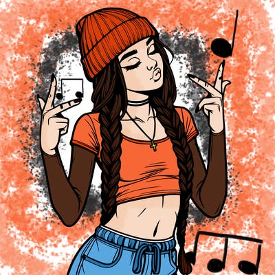 realistic teenage girl with braids and a beanie and crop top doing 🫶🏼
