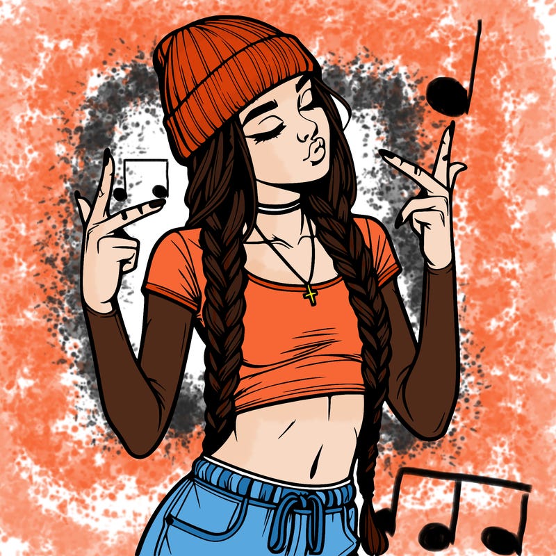 realistic teenage girl with braids and a beanie and crop top doing 🫶🏼