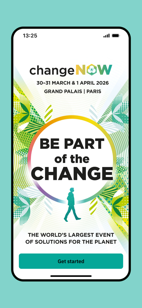 L'écran d'accueil de l'application ChangeNOW pour l'événement 2026 à Paris avec le slogan Soyez acteur du changement.