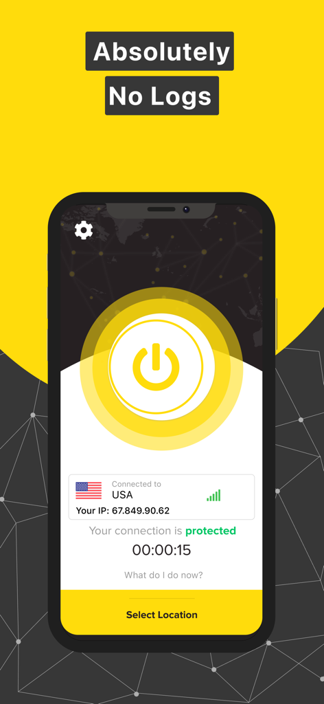 Smartphone screen showing HOTVPN app interface with a protected connection and a no logs policy message
