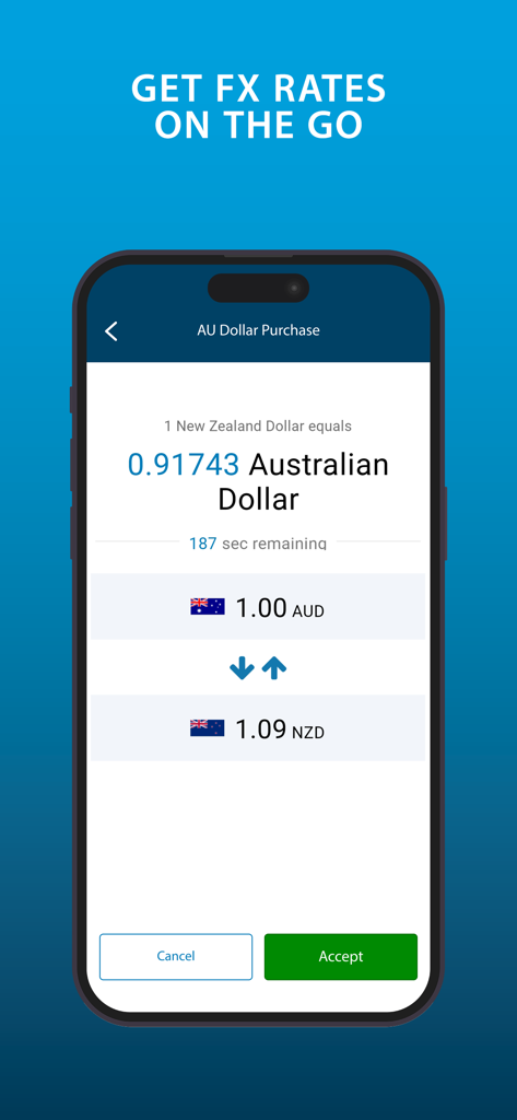 ANZ Transactive - Global - Mobile app interface showing real-time foreign exchange rates for AUD and NZD currency conversion