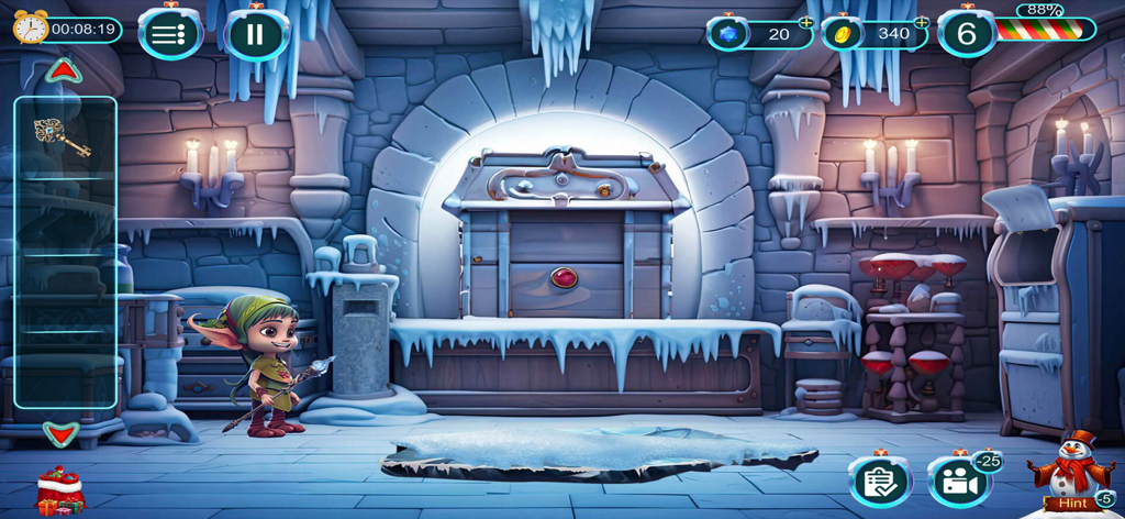 Elf character in an icy stone room from the Christmas Game Frosty World mobile app