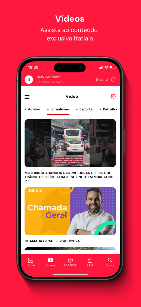 Rádio Itatiaia - iPhone screenshot of the Radio Itatiaia app videos section showing news and journalism content