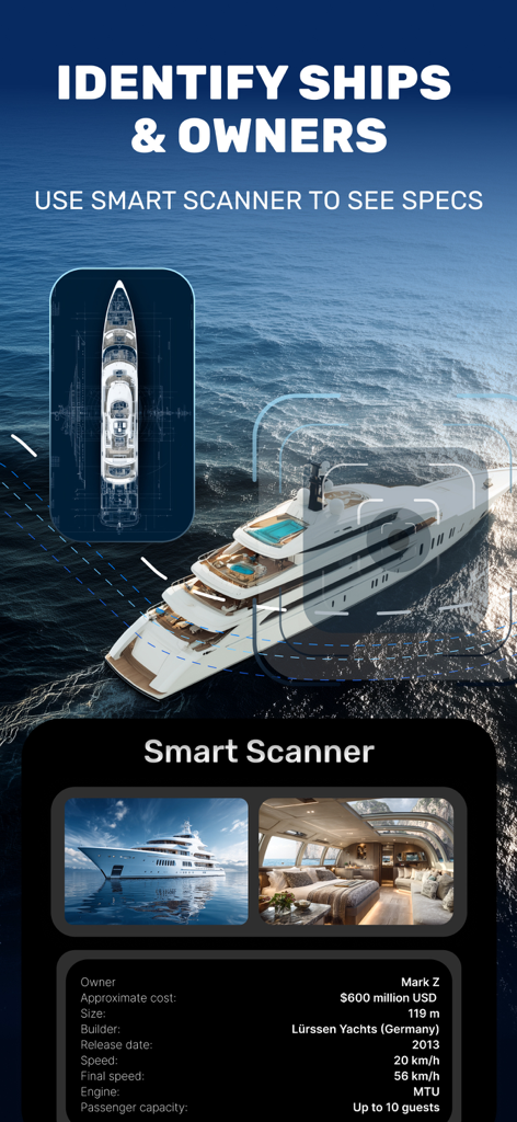 Le scanner intelligent de l'application Marine Traffic montrant les spécifications du yacht de luxe et les détails du propriétaire.