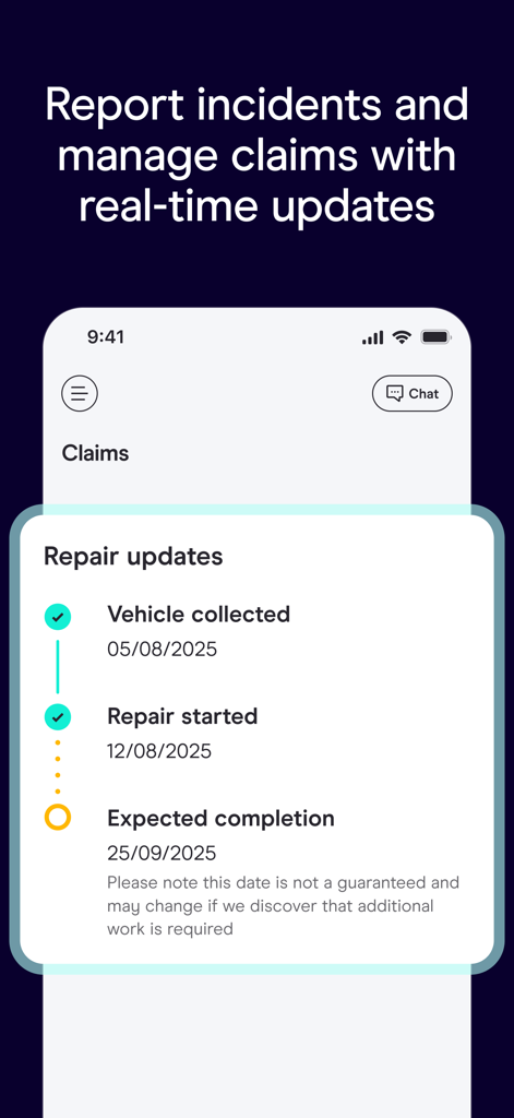 Zego Sense - Zego Sense app interface showing real-time vehicle repair status and claim management.