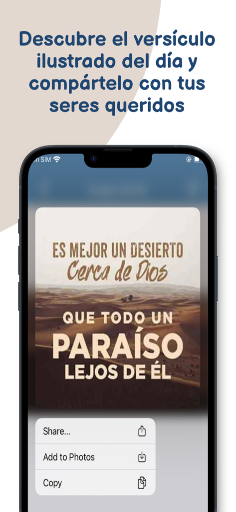 La Biblia Latinoamericana. - Interfaz de la aplicación Biblia Latinoamericana mostrando un versículo bíblico ilustrado y opciones para compartir con contactos.