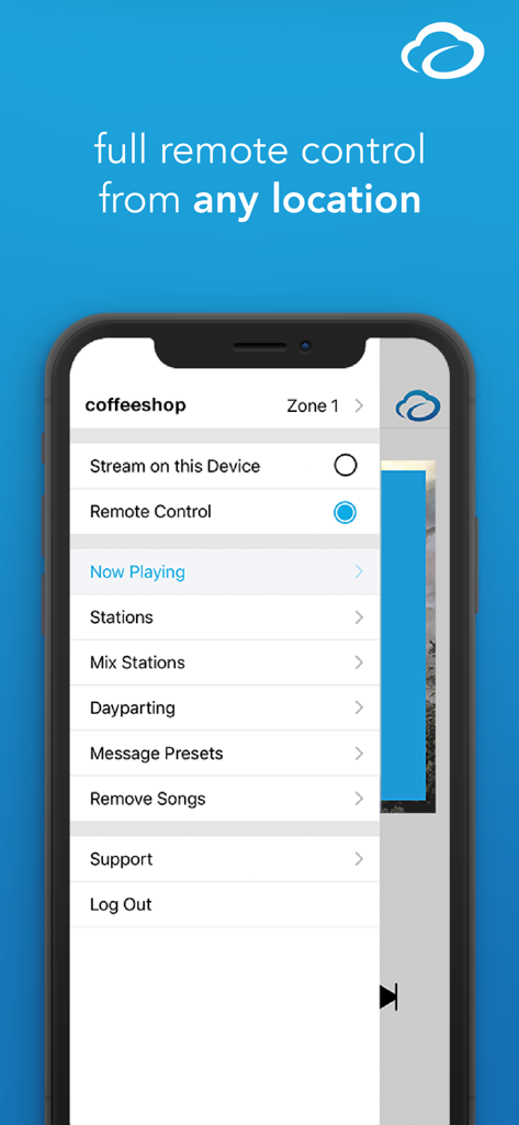 Pandora CloudCover - Pandora CloudCover app interface showing the remote control menu for managing business music and messages from any location