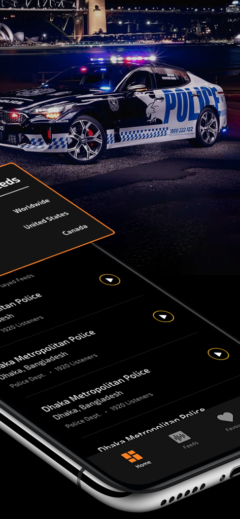 Smartphone screen displaying a list of live police radio feeds on the Police Scanner App interface