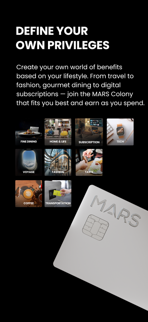 MARS Mobile Finance Services - MARS app screen showing various lifestyle reward categories called Colonies and a premium silver metal card.