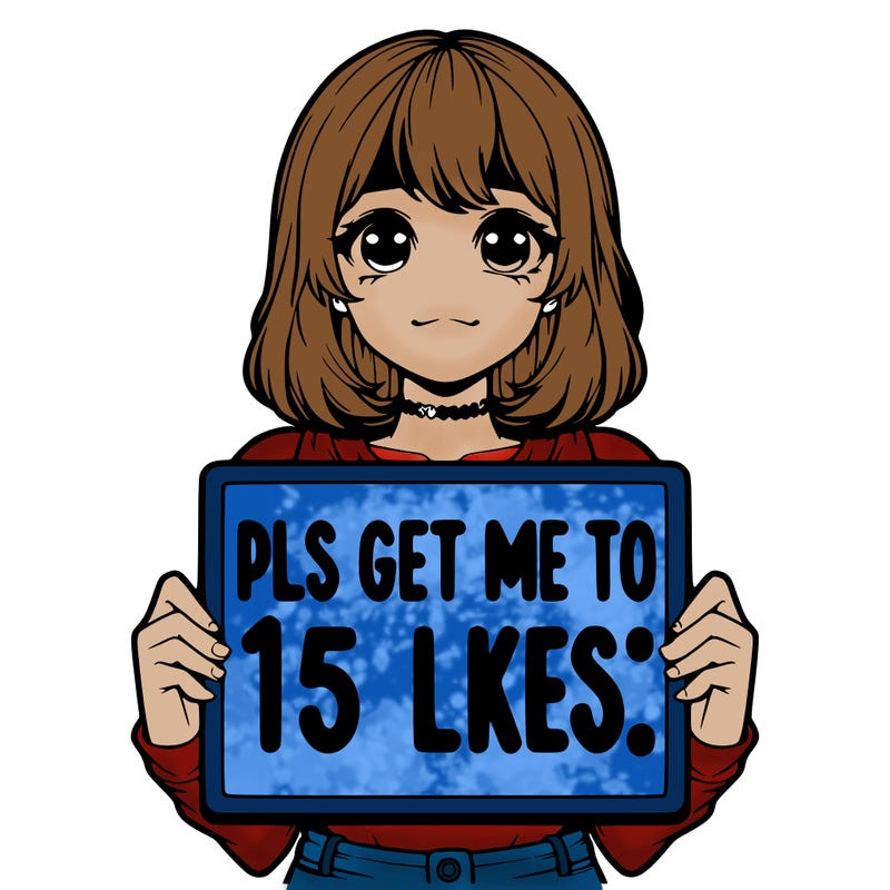 realistic girl holding up a sign that says “pls get me to 15 likes!”