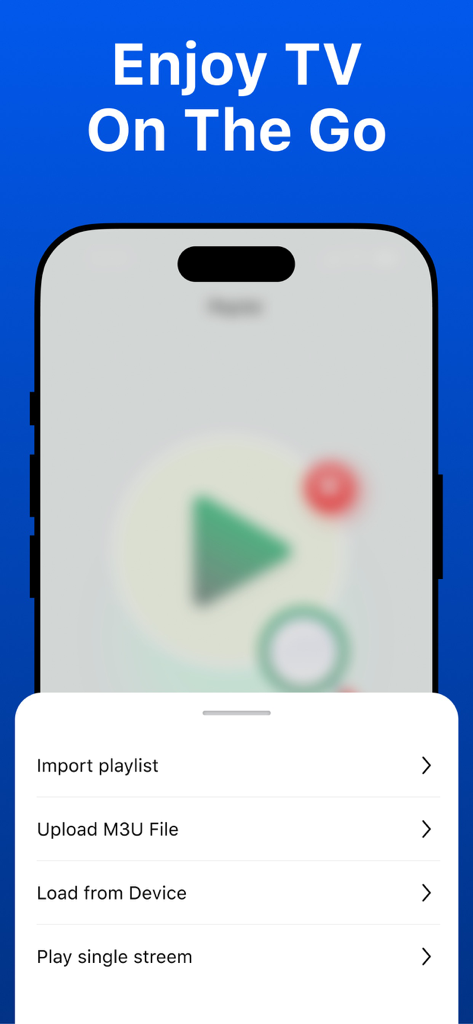 IPTV Smart Player⁺ - A smartphone screen displaying the IPTV Smart Player app with menu options to import playlists and upload M3U files