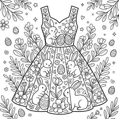 Embrace the joy of spring with this enchanting A-Line dress coloring page, adorned with playful bunnies, festive Easter eggs, and beautiful blossoms. It's the perfect creative activity to celebrate the season and add your unique splash of color.