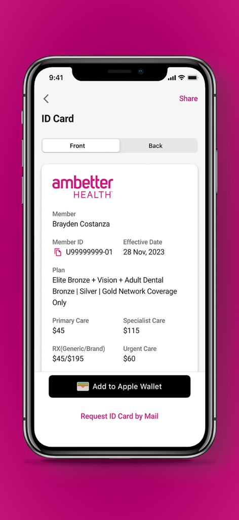 Digital insurance ID card on the Ambetter Health mobile app featuring plan details and add to wallet option