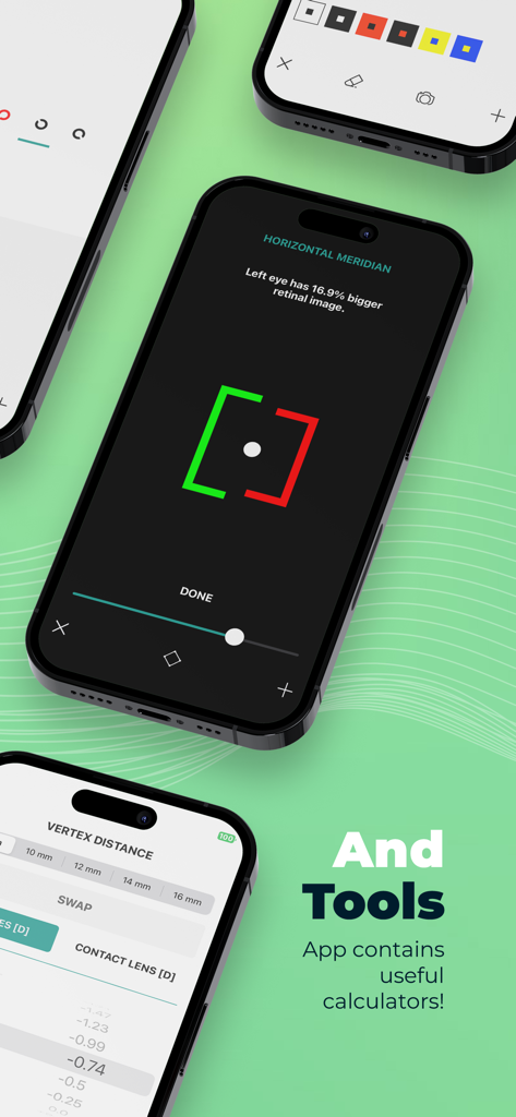 Interface de l'application Smart Optometry montrant des tests oculaires interactifs et des calculateurs médicaux professionnels sur des écrans mobiles.