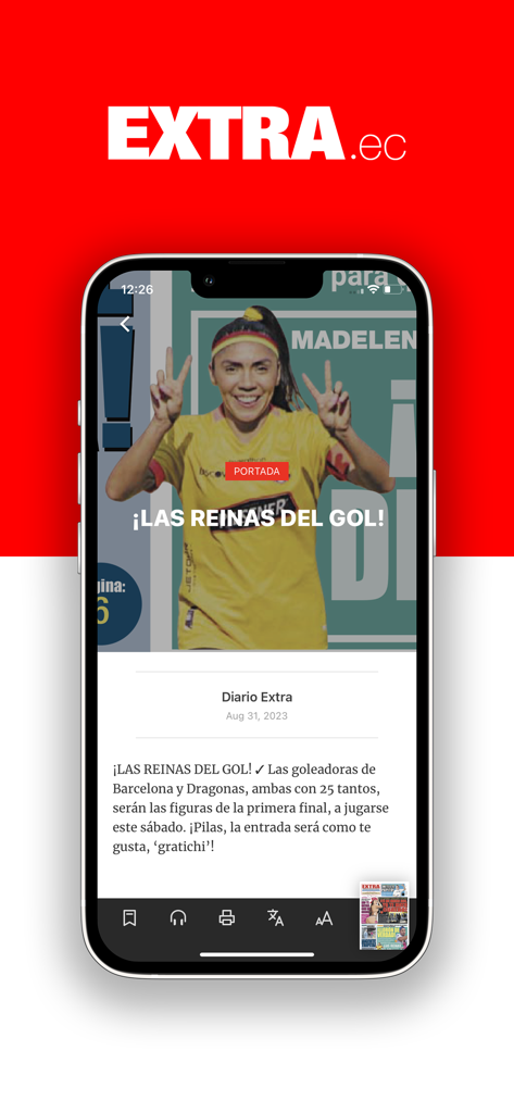 Interfaz de la aplicación de noticias Diario Extra mostrando un artículo de noticias de fútbol en español.