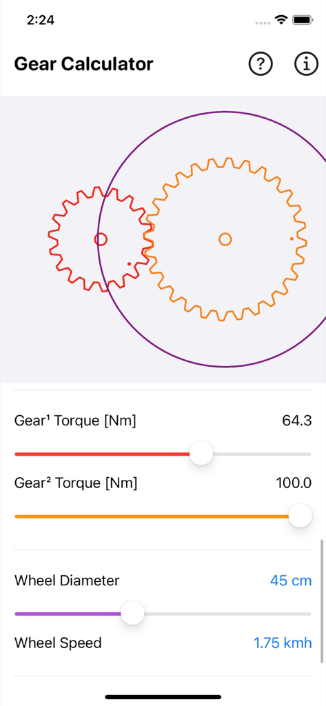 Gear Simulation & Calculation - Gear calculator app interface with visual gear simulation and torque sliders